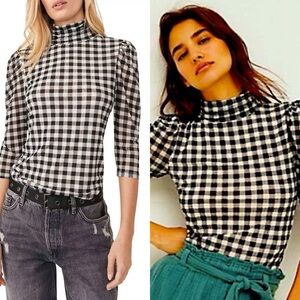 MINT FREE PEOPLE GATHER GINGHAM PLAID BLACK WHITE MOCK NECK PUFF SLEEVE TOP CUTE